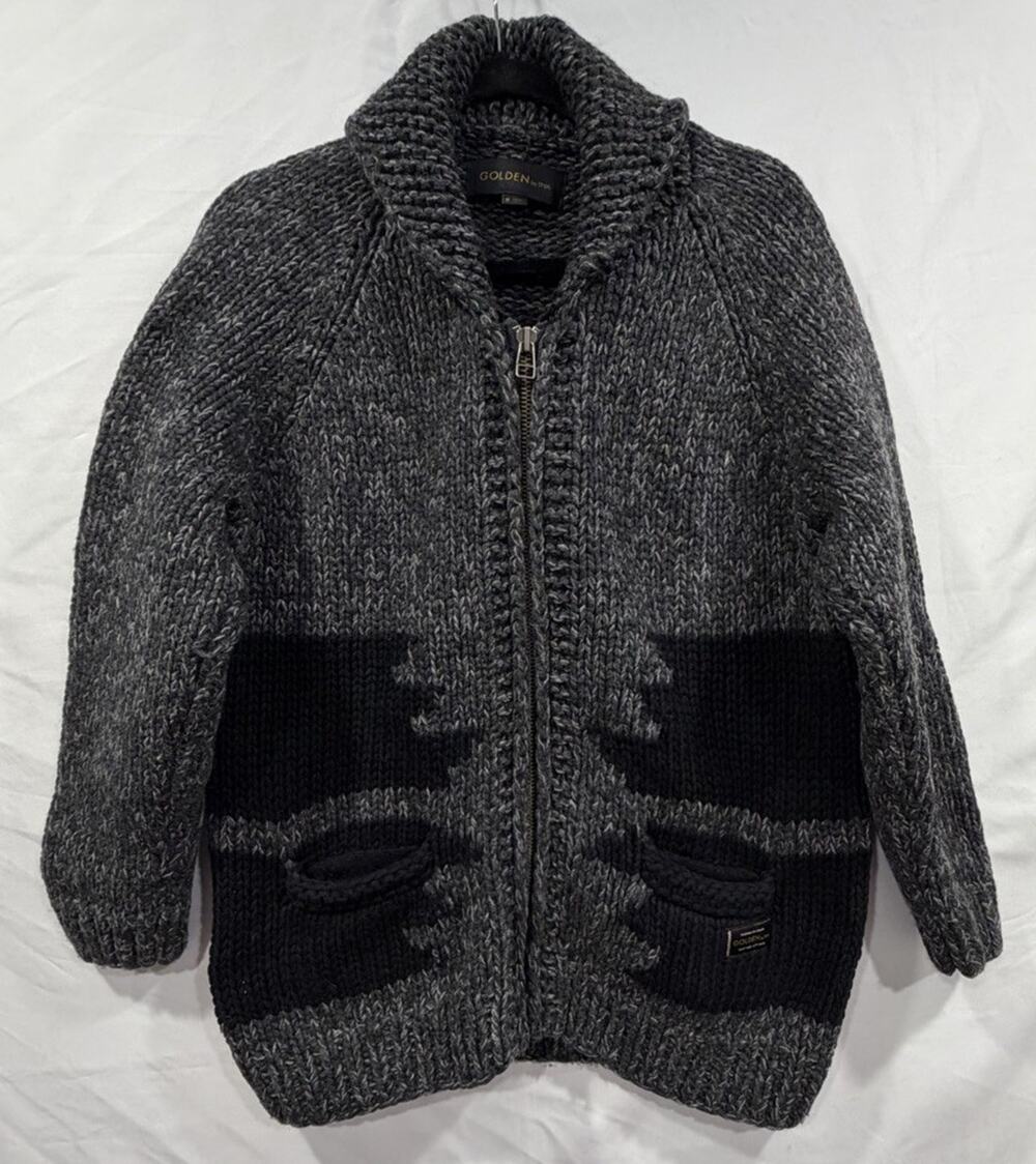 Aritzia Golden By TNA Hand knit Wool Gray With Aztec Zip Cardigan M Boho